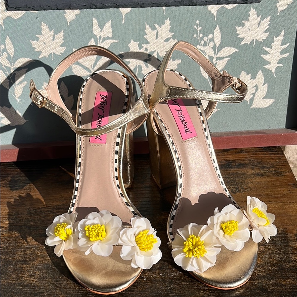 Betsey Johnson Gold Heels with Floral Accents